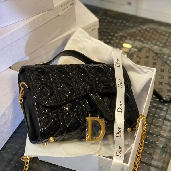 Christian Dior Leather Handbag With Chain Black