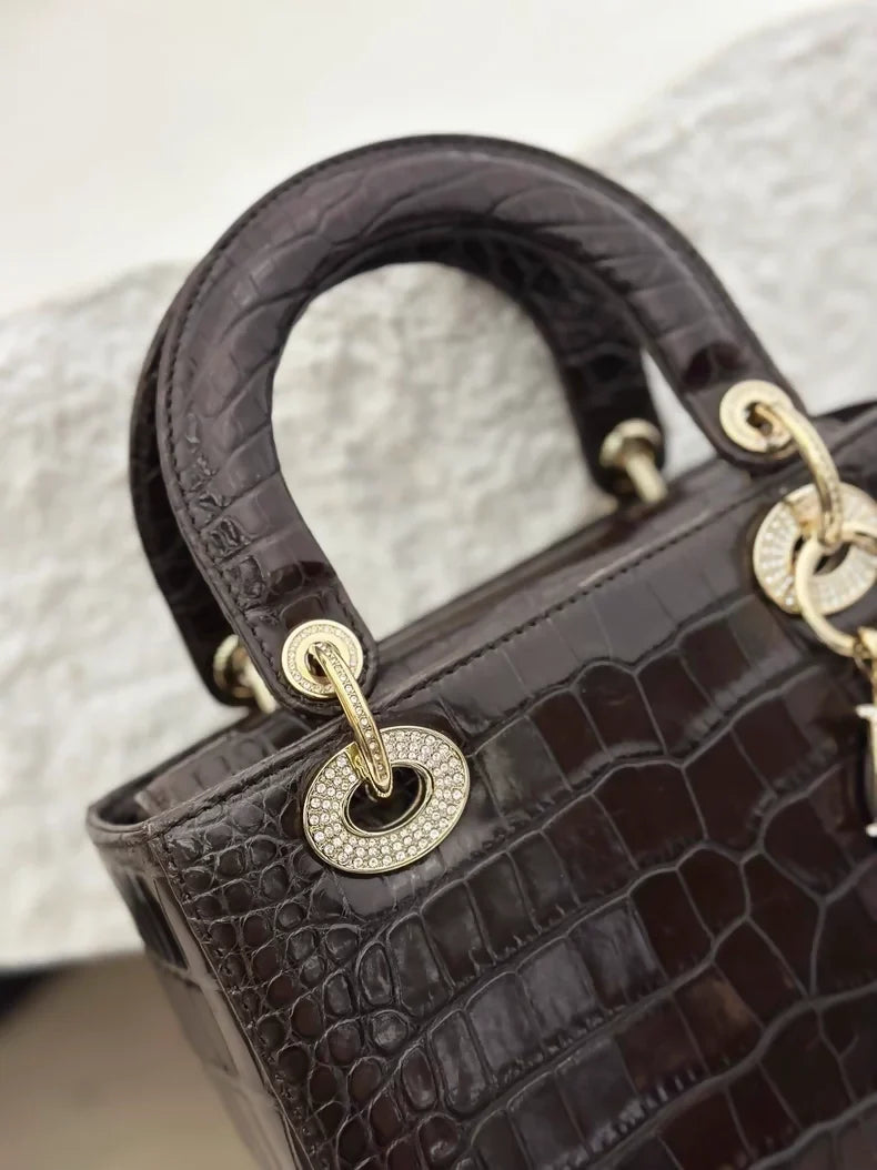 Lady Dior brown shiny alligator leather with diamond hardware