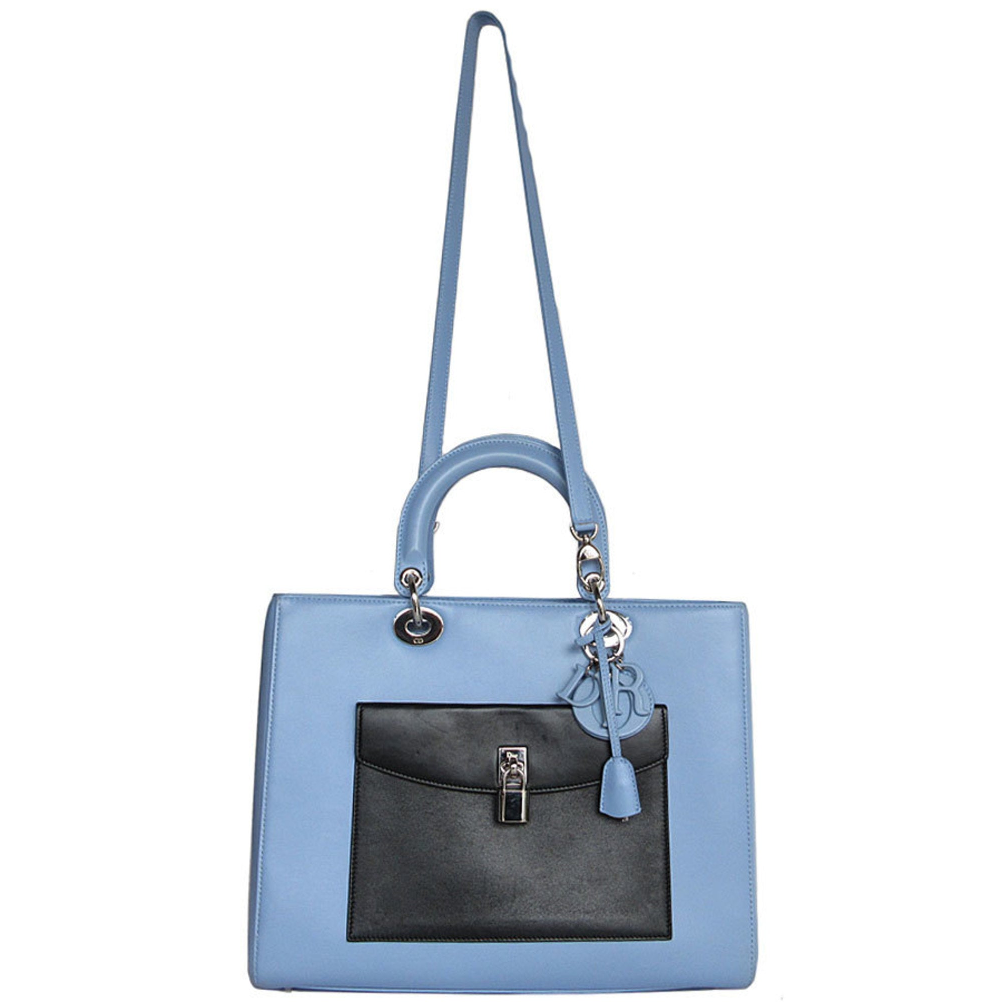 Christian Dior Black Light Blue White Leather Handbag Shoulder Bag