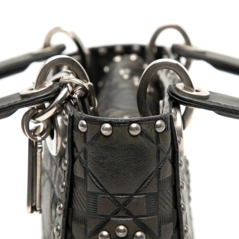 Dior Cannage Lady Studded Handbag Chain Shoulder Bag 2WAY Black Leather