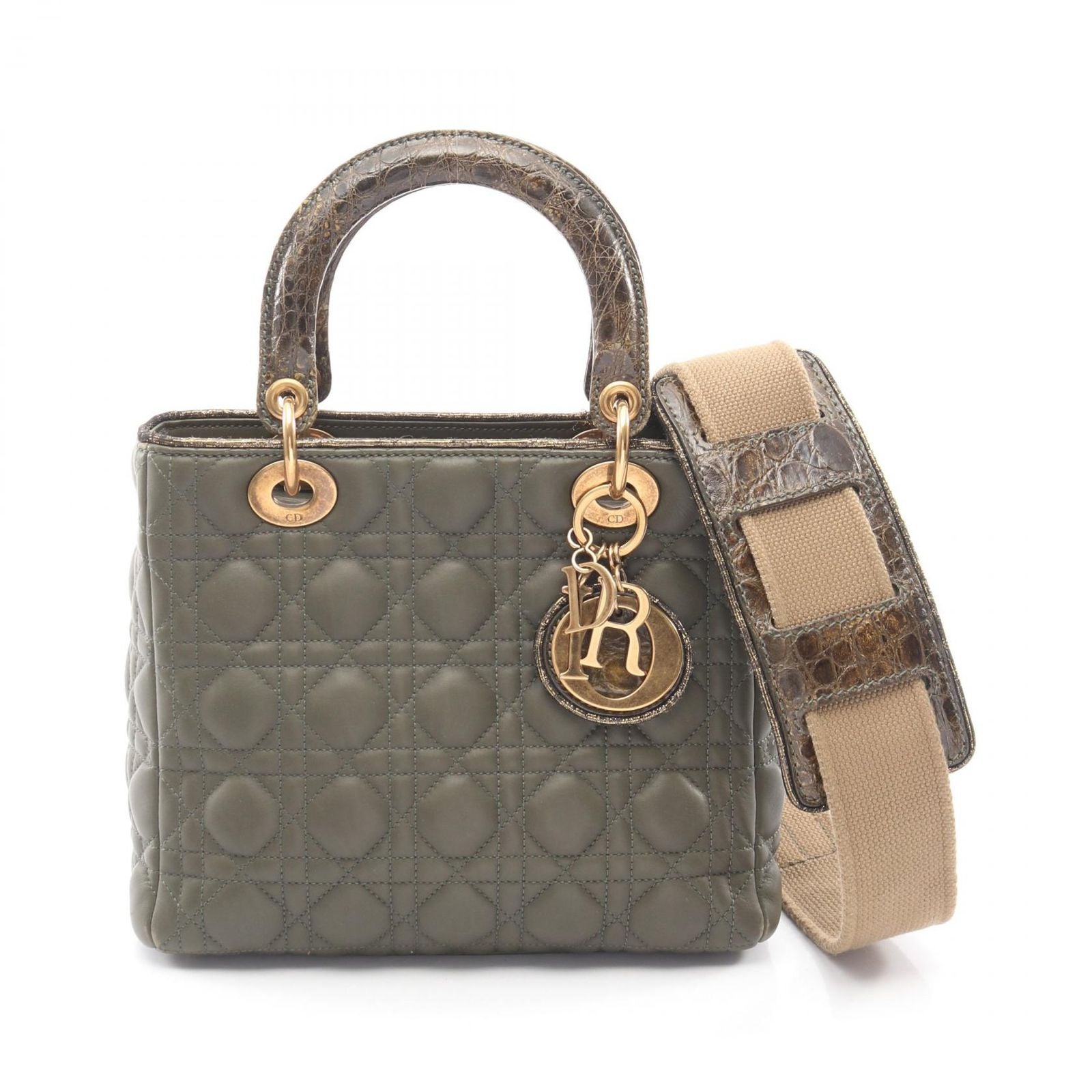 Dior Handbag Lady Dior Khaki Leather Exotic Cles The Lady Dior Cannage 2-Way