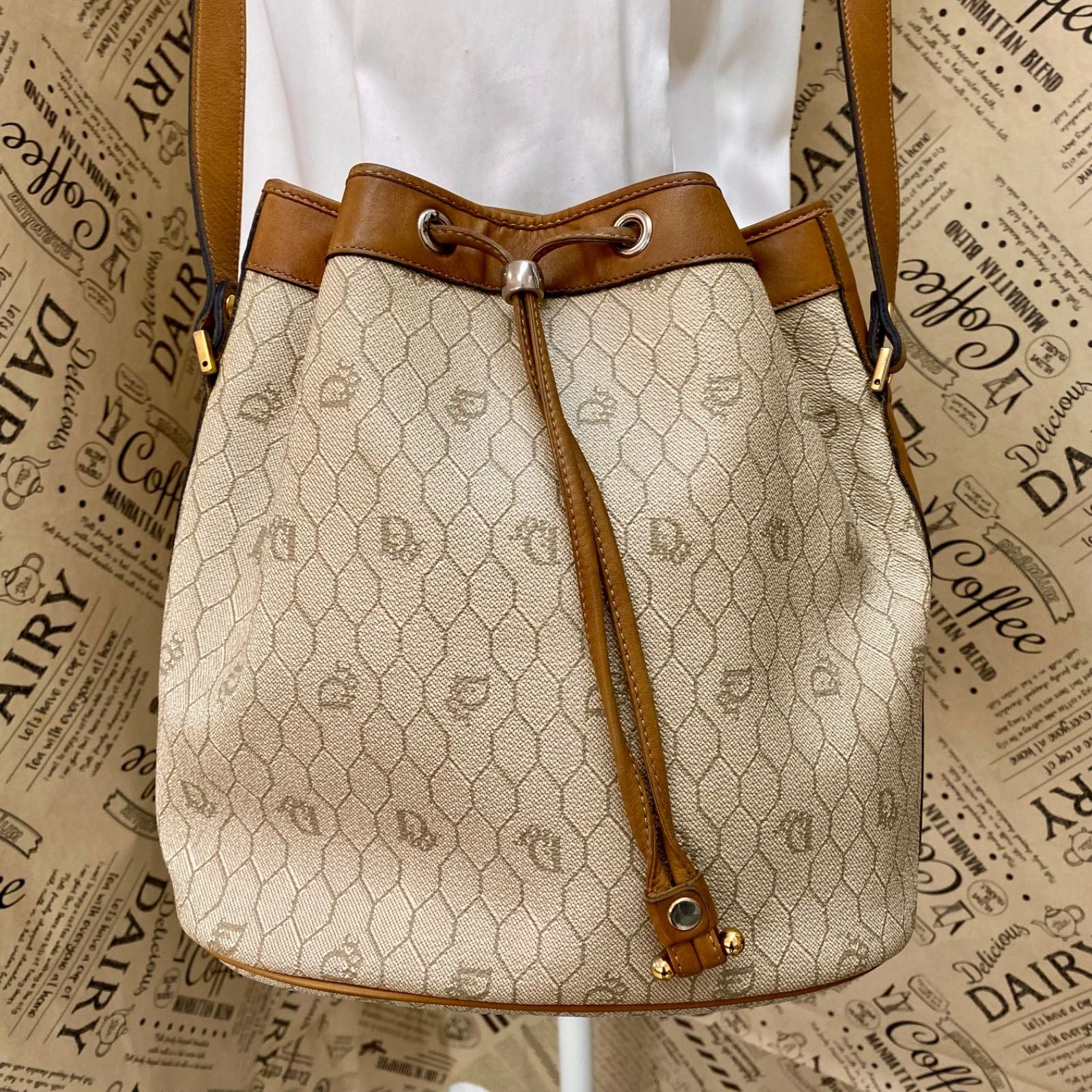 Dior Shoulder Bag Drawstring Honeycomb White