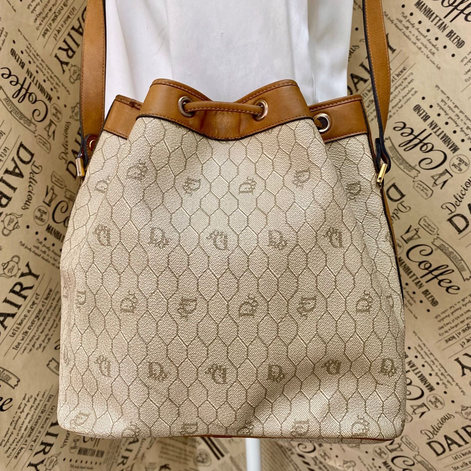 Dior Shoulder Bag Drawstring Honeycomb White