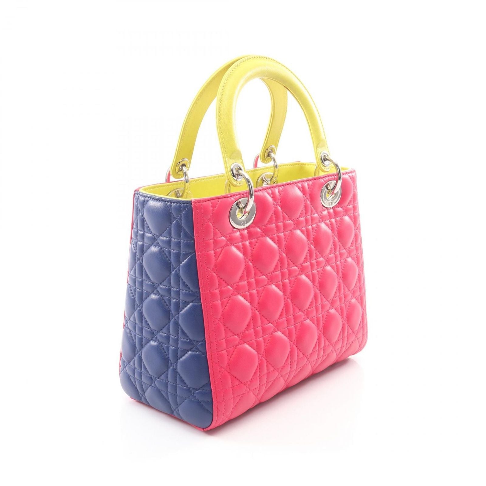 Dior Handbag Lady Dior Cannage 2-Way Magenta Blue Yellow Lambskin Tote