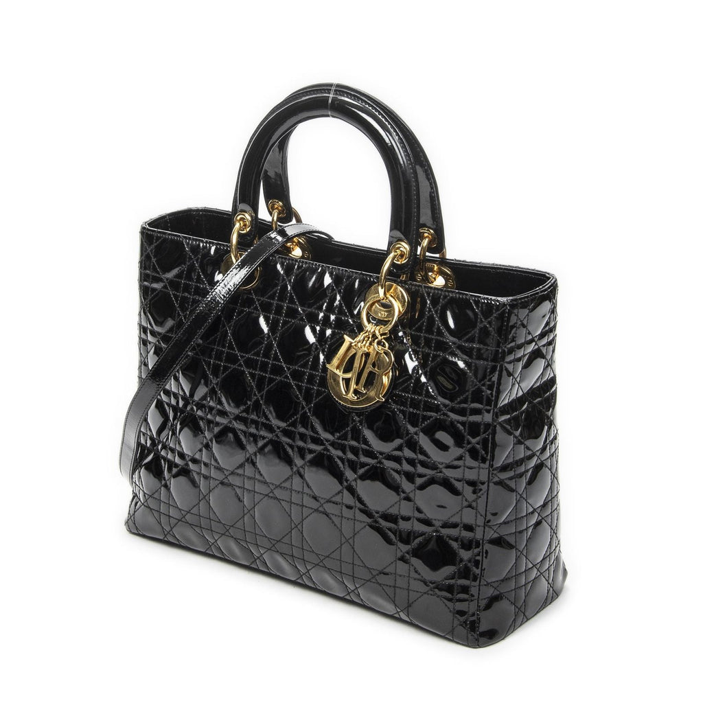 Dior Large Lady Dior Zip Black Cannage Patent Leather Handbag