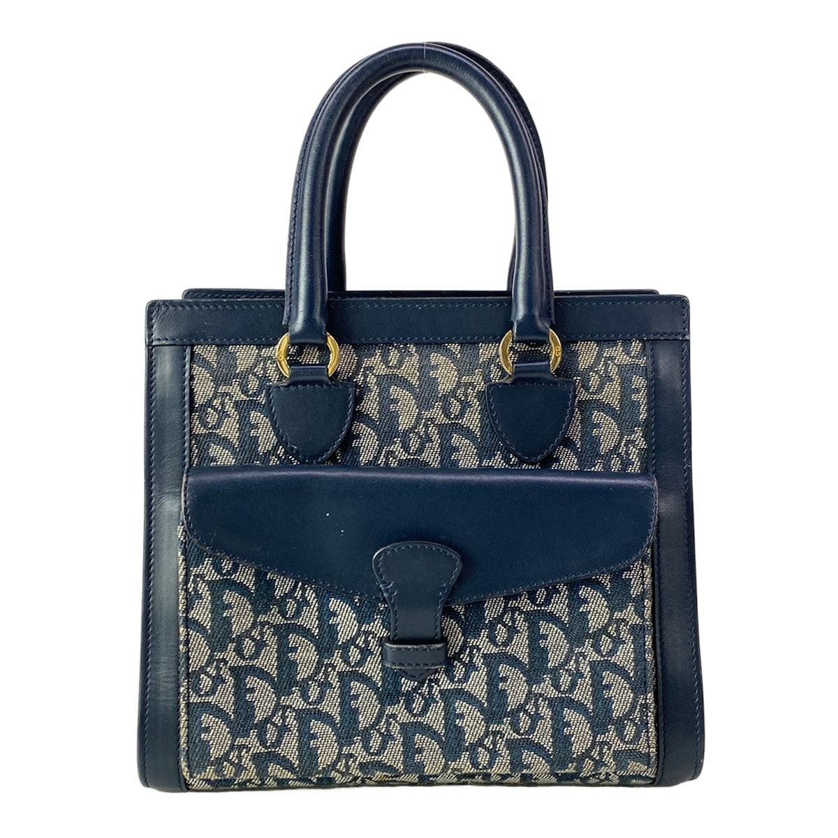 Dior Handbag Logo Glam White Dark Navy Gold Leather