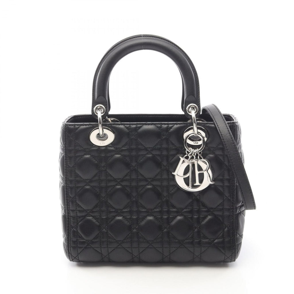Dior Handbag Lady Dior 2-Way Black Leather Cannage Tote Midi
