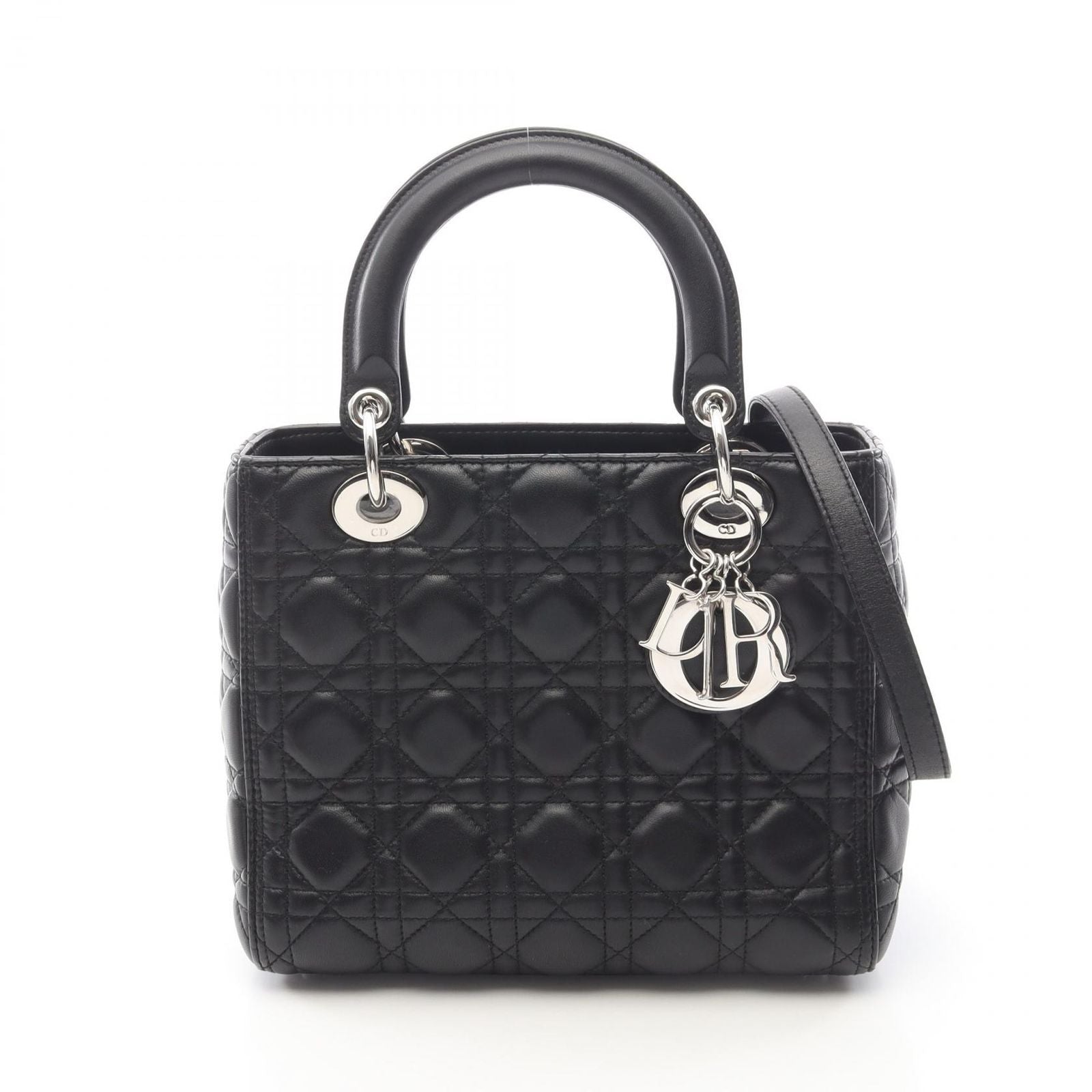 Dior Handbag Lady Dior 2-Way Black Leather Cannage Tote Midi