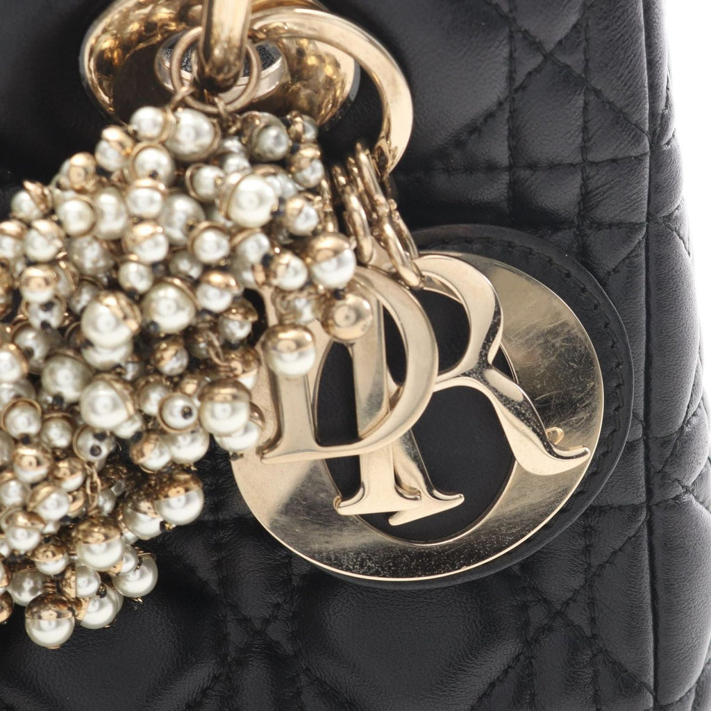 Dior Handbag Lady Dior Cannage Faux Pearl 2-Way Black Leather Tote