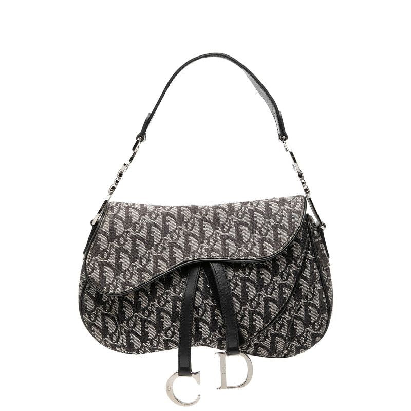 Dior Trotter Saddle Handbag Shoulder Black Gray Canvas Leather