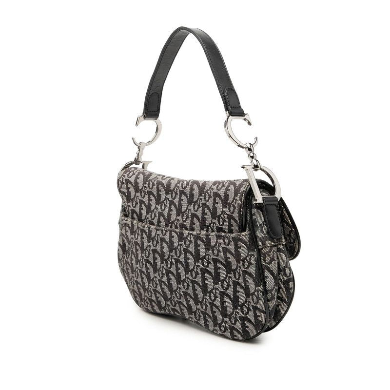 Dior Trotter Saddle Handbag Shoulder Black Gray Canvas Leather