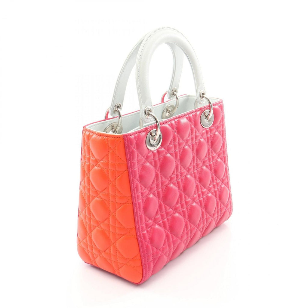 Dior Handbag Lady Dior Cannage 2-Way Magenta Orange Light Blue Leather Tote