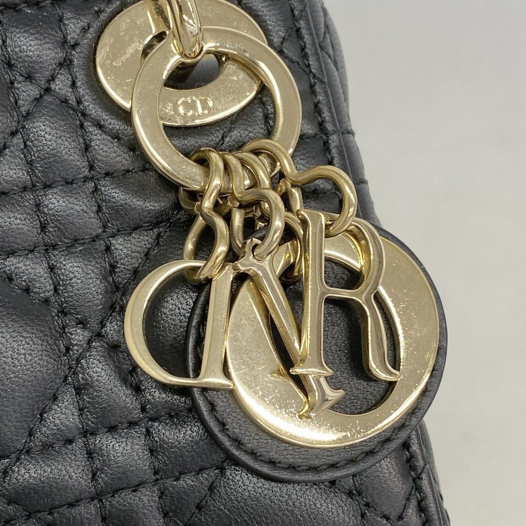 Dior Handbag Cannage Lady Leather Black Champagne Gold