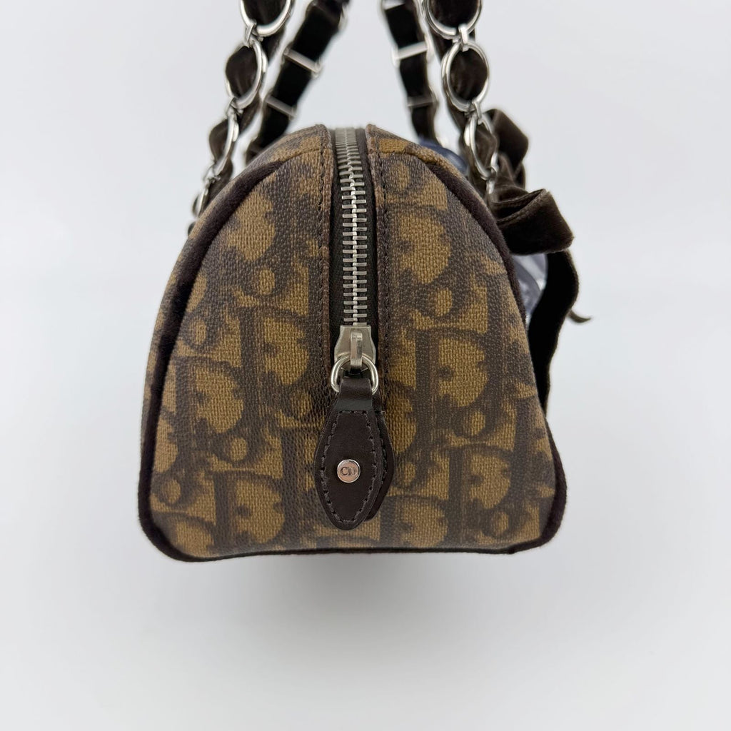 Dior Trotter Flower Charm Handbag Leather Brown Silver Vintage