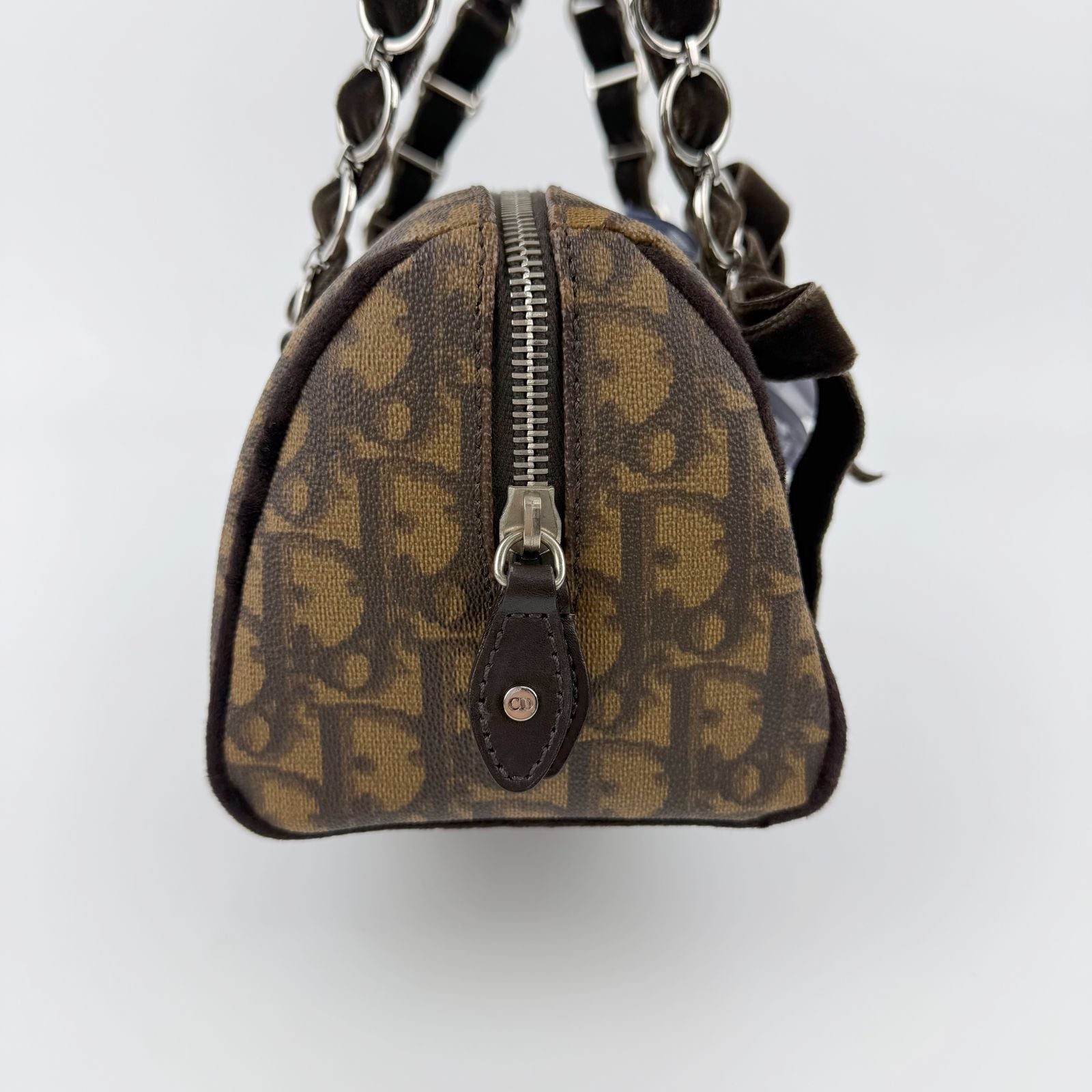 Dior Trotter Flower Charm Handbag Leather Brown Silver Vintage