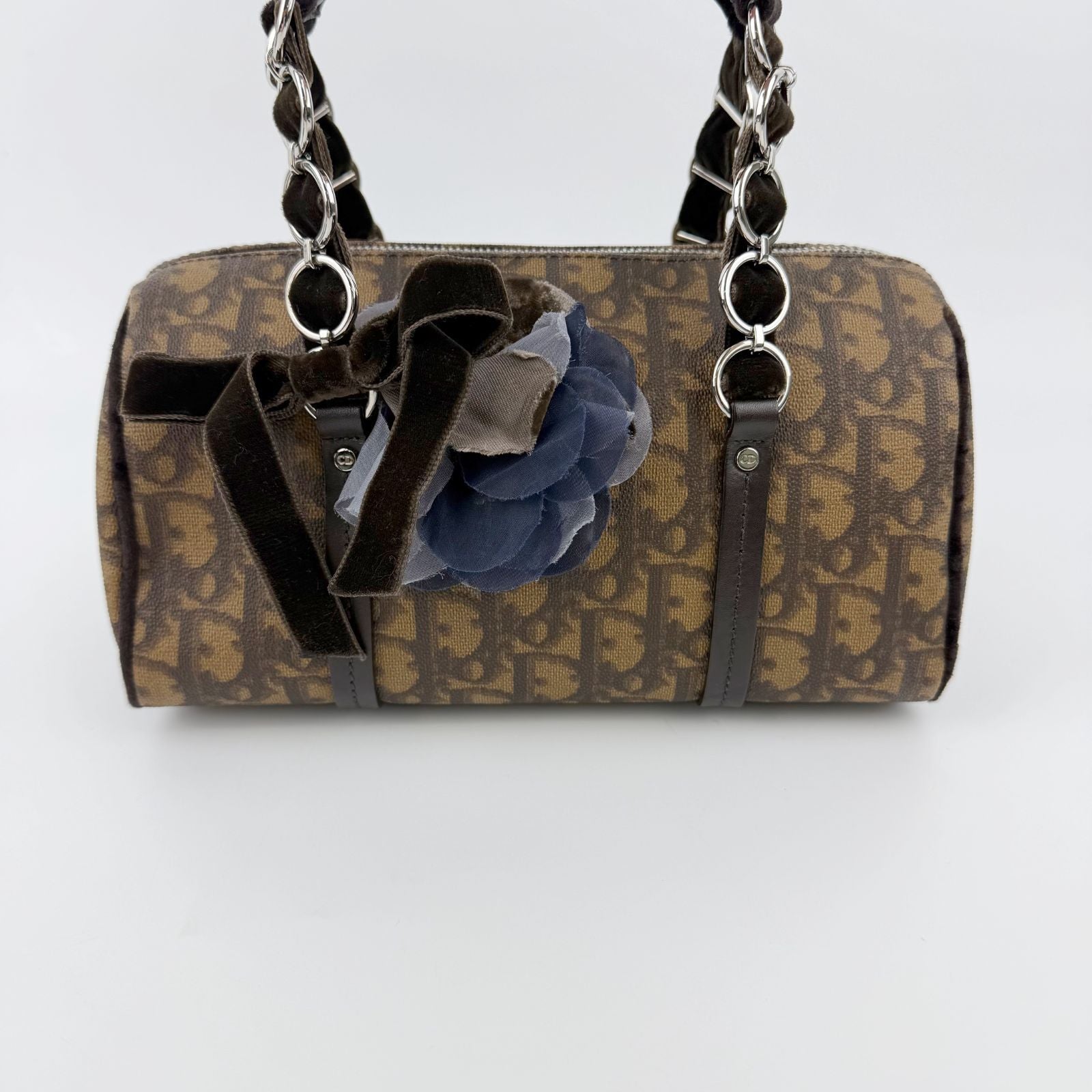 Dior Trotter Flower Charm Handbag Leather Brown Silver Vintage
