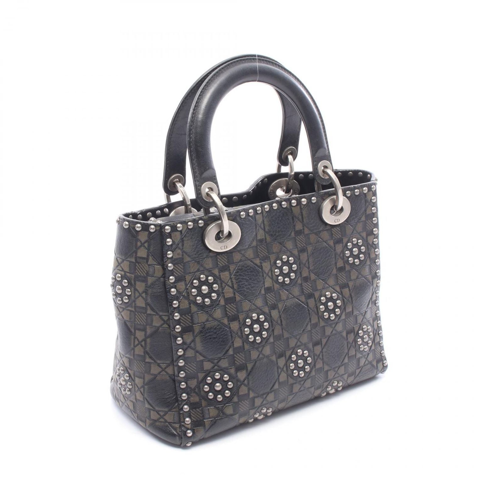 Dior Handbag Lady Dior 2-Way Black Khaki Leather Lady Dior Studs Tote