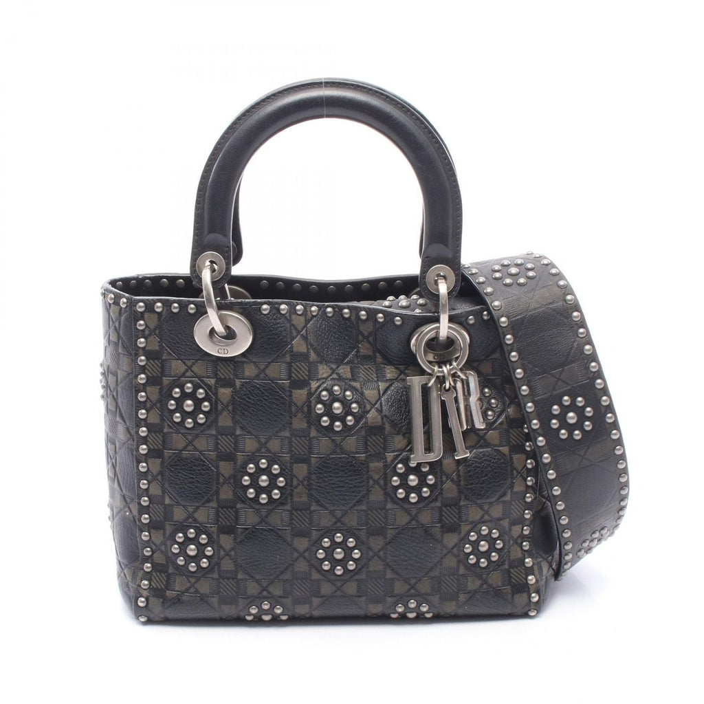 Dior Handbag Lady Dior 2-Way Black Khaki Leather Lady Dior Studs Tote
