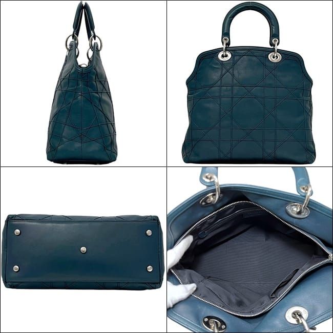 Dior Tote Granville Green Blue Cannage Handbag Leather Logo Charm Stitching
