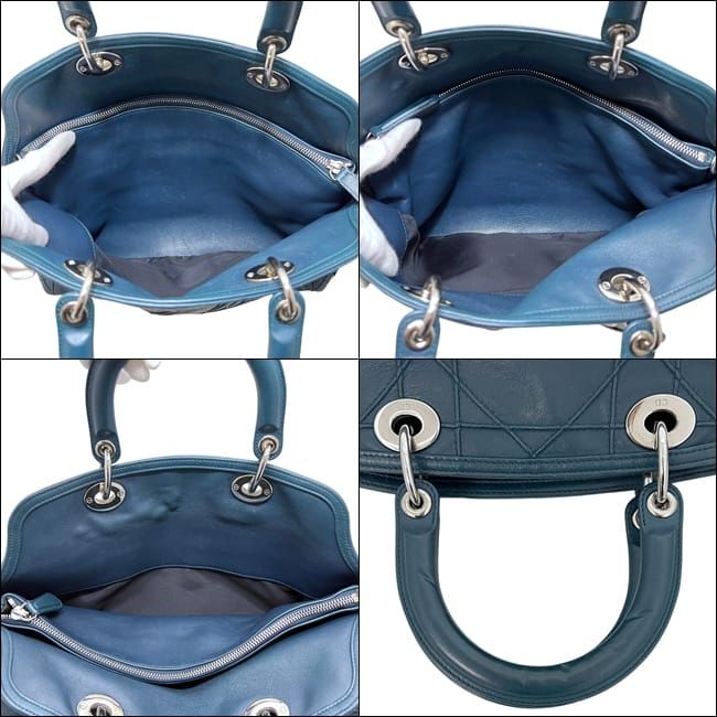 Dior Tote Granville Green Blue Cannage Handbag Leather Logo Charm Stitching