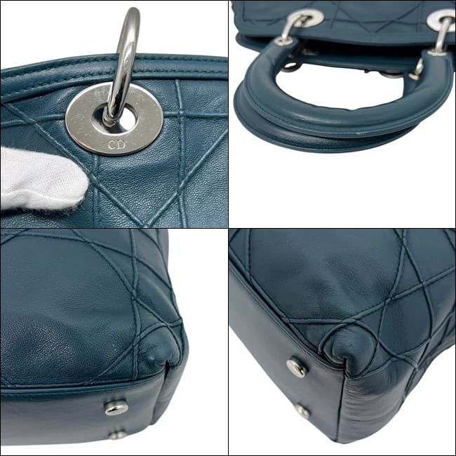Dior Tote Granville Green Blue Cannage Handbag Leather Logo Charm Stitching