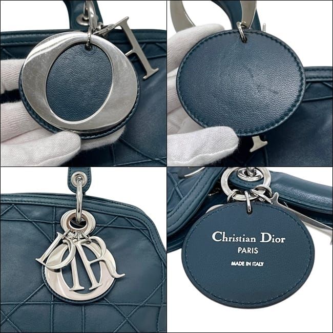 Dior Tote Granville Green Blue Cannage Handbag Leather Logo Charm Stitching