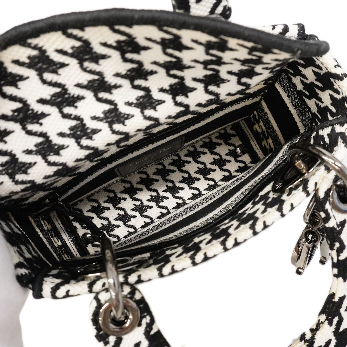 Dior Handbag Lady D Light Canvas White Black Silver 2-Way