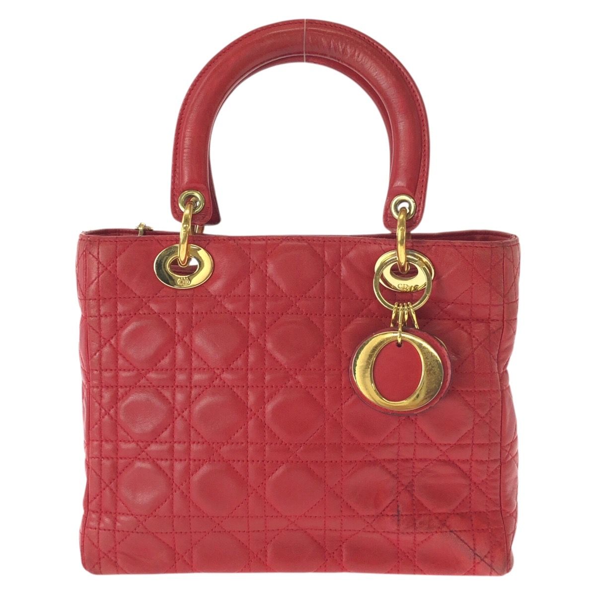 Dior Vintage Lady Cannage Red Gold Leather Handbag