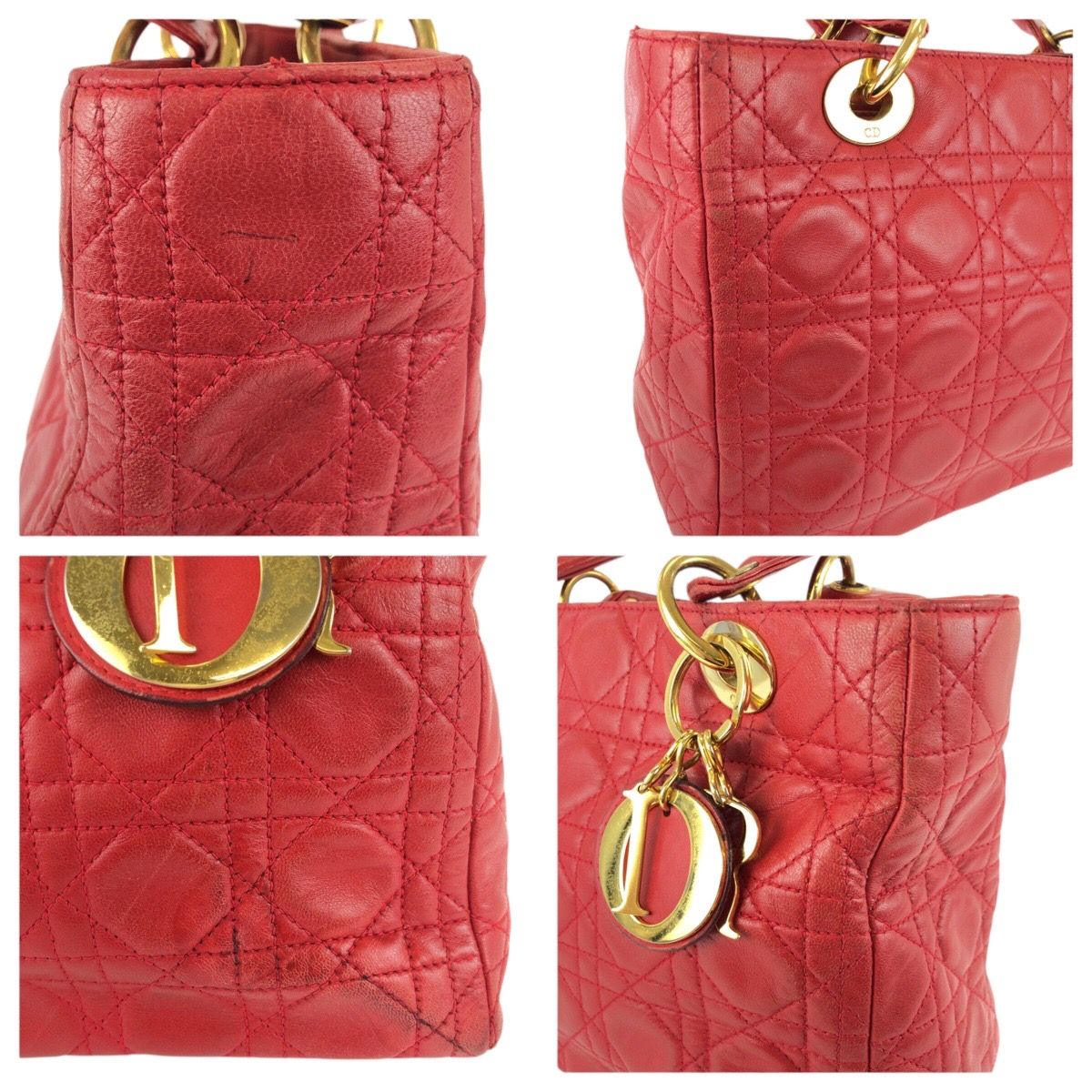 Dior Vintage Lady Cannage Red Gold Leather Handbag
