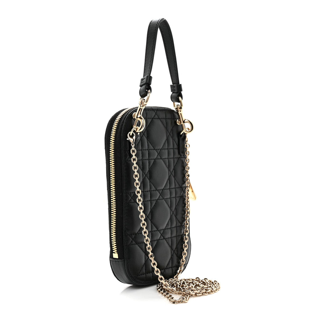 Lambskin Cannage Lady Dior Phone Holder Black
