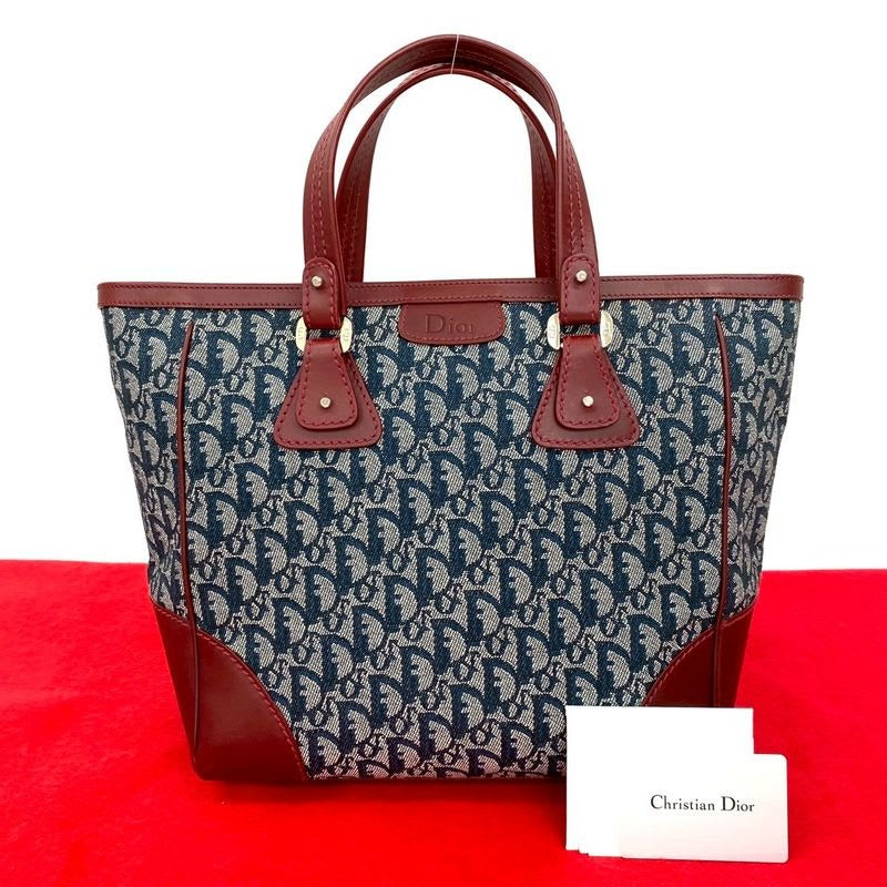 Christian Dior Logo Trotter Pattern Canvas Leather Handbag Tote
