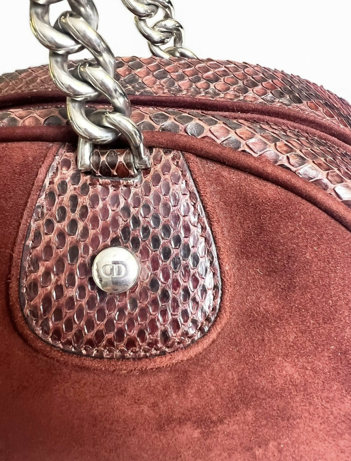 Rare Christian Dior Medium 2004 F/W Burgundy Suede Python Dice Gambler Bowling Bag