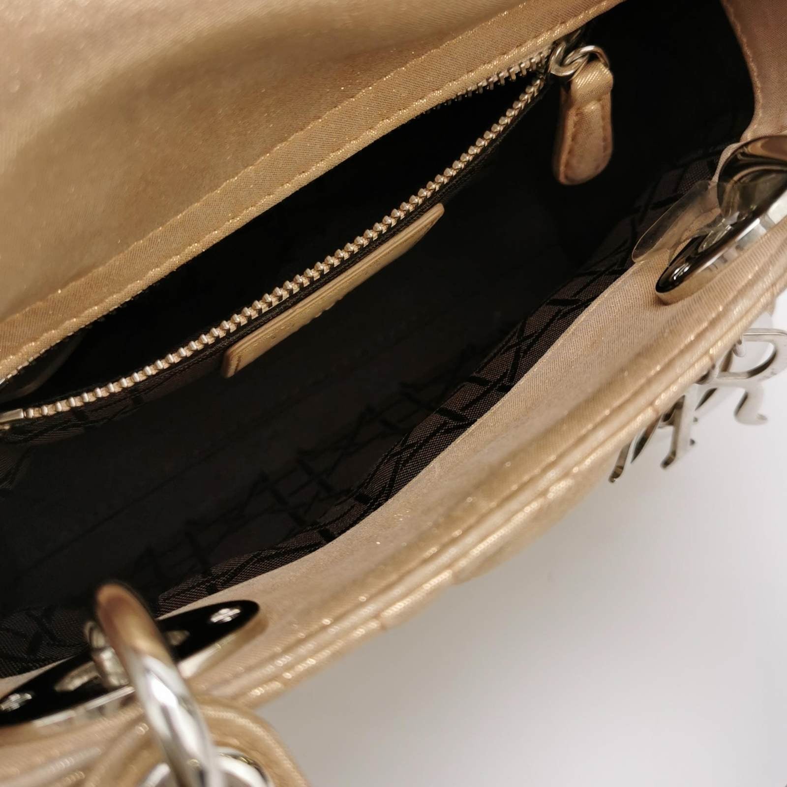Lady Dior Mini Gold Textile Cannage handbag with strap