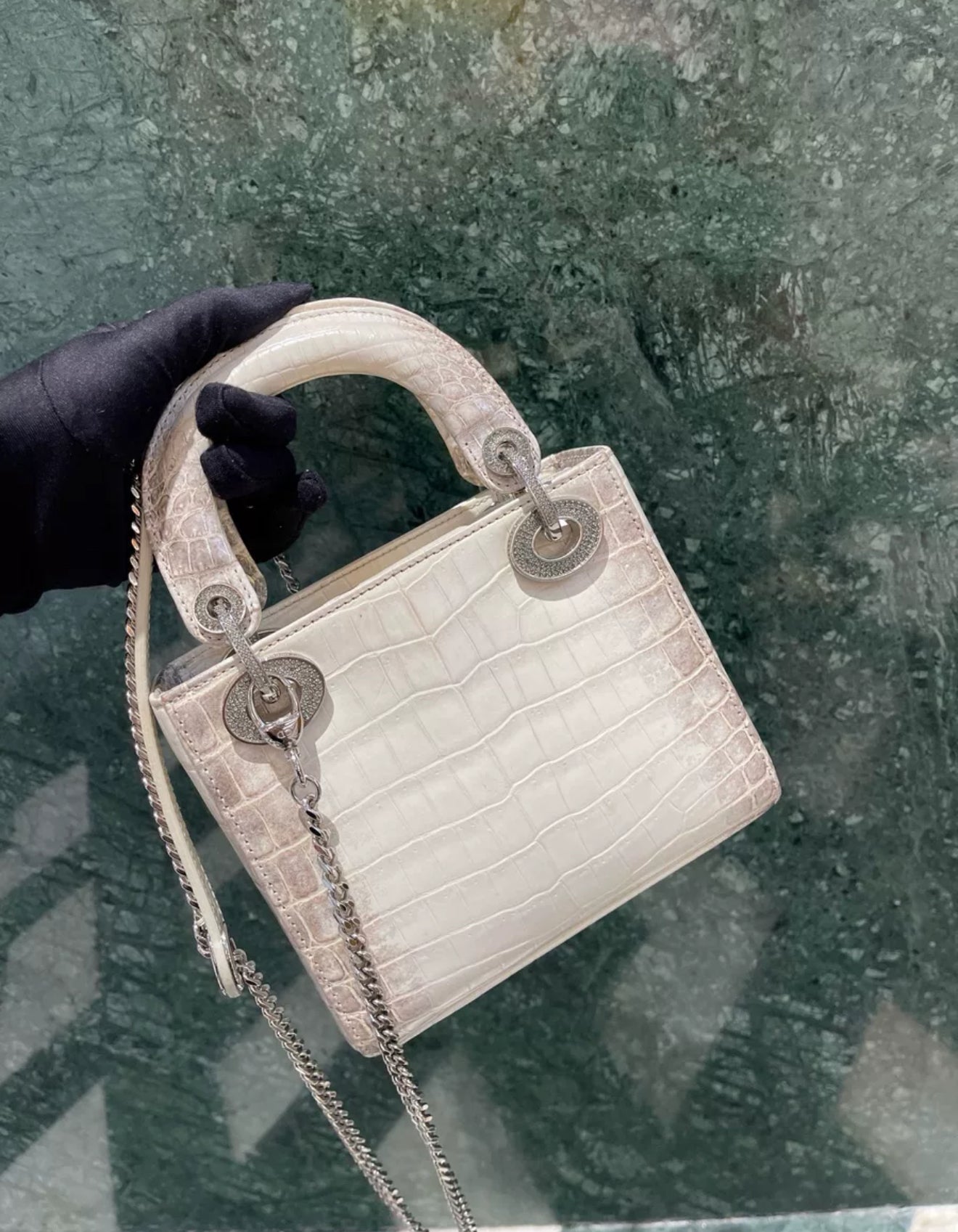 CHRISTIAN DIOR MINI LADY DIOR IN WHITE HIMALAYAN CROCODILE LEATHER & DIAMONDS