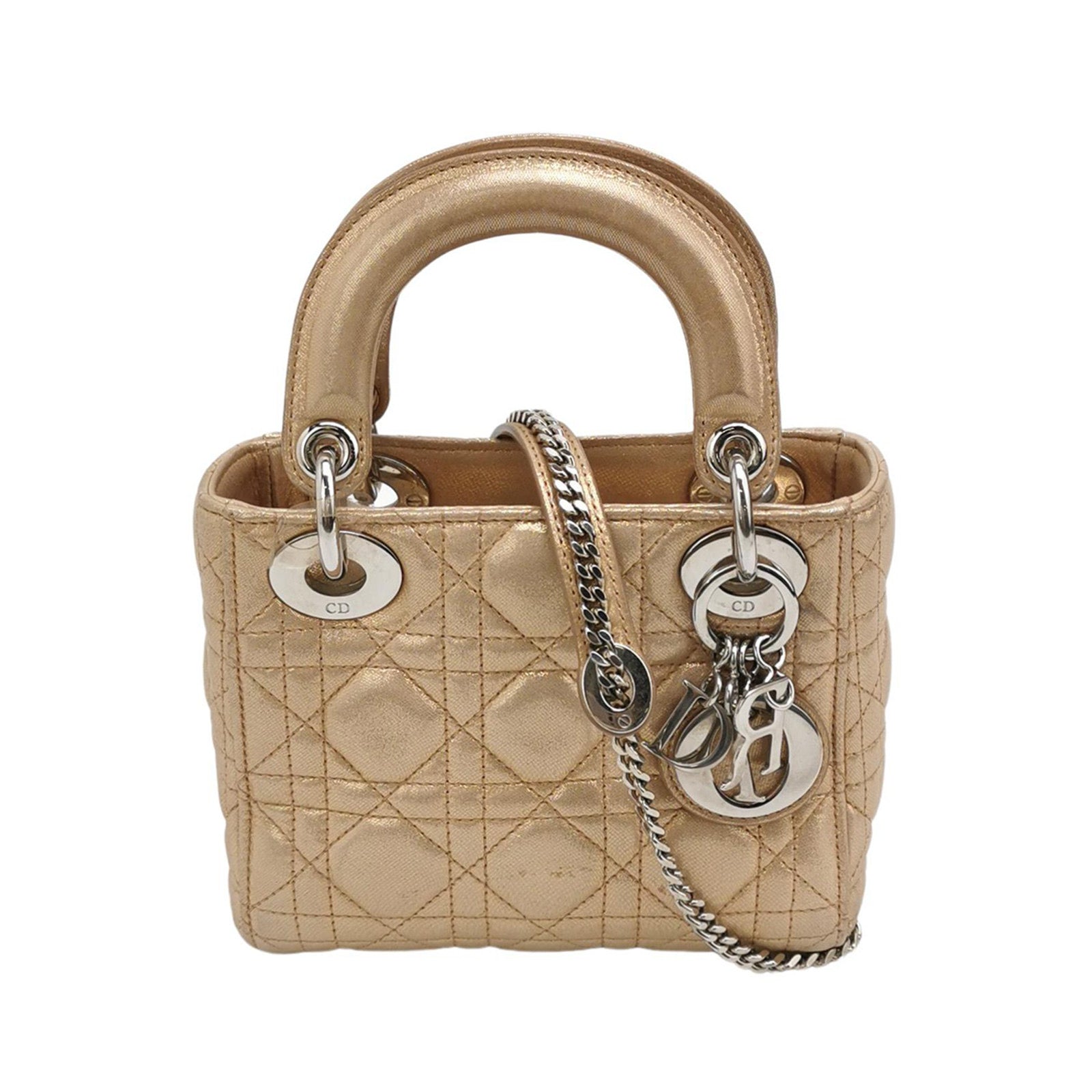 Lady Dior Mini Gold Textile Cannage handbag with strap