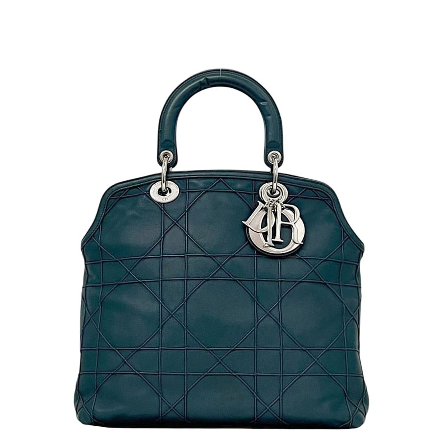 Dior Tote Granville Green Blue Cannage Handbag Leather Logo Charm Stitching