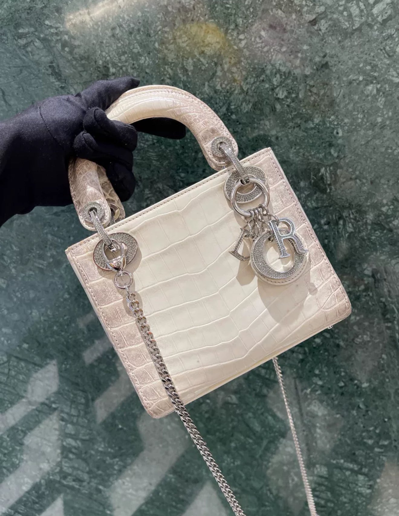 CHRISTIAN DIOR MINI LADY DIOR IN WHITE HIMALAYAN CROCODILE LEATHER & DIAMONDS