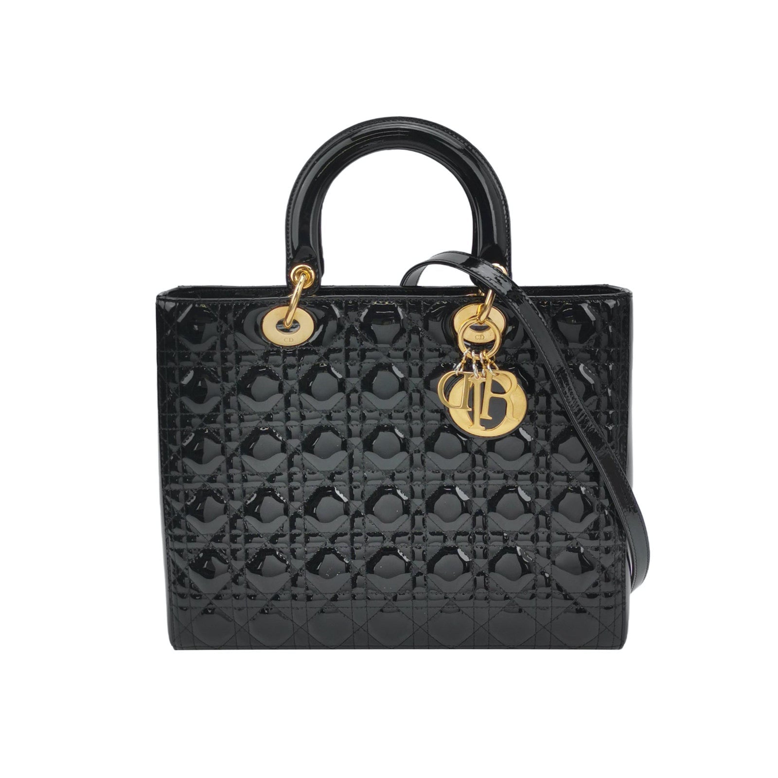 Lady Dior Large Black Patent Leather Handbag with Strap