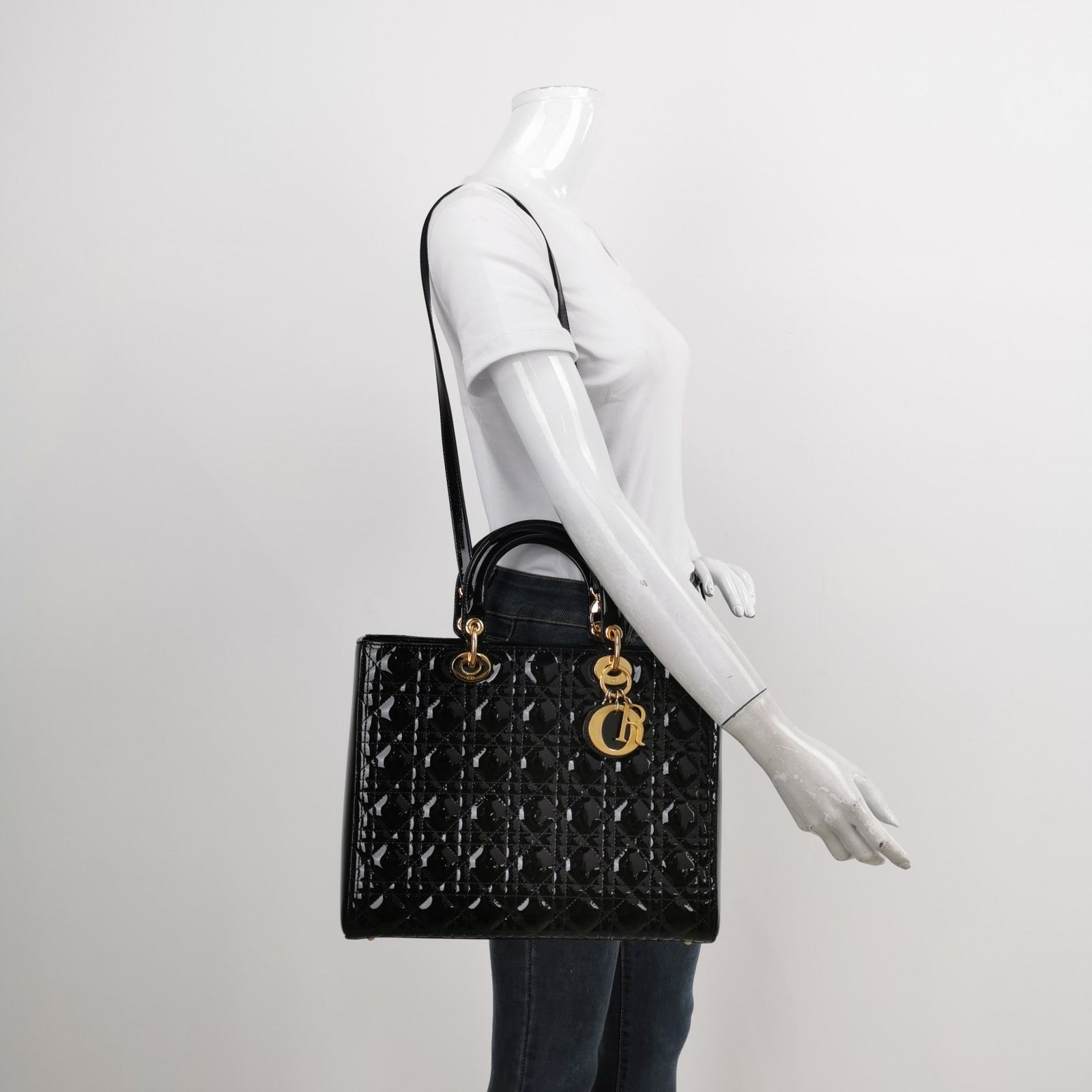 Lady Dior Large Black Patent Leather Handbag with Strap