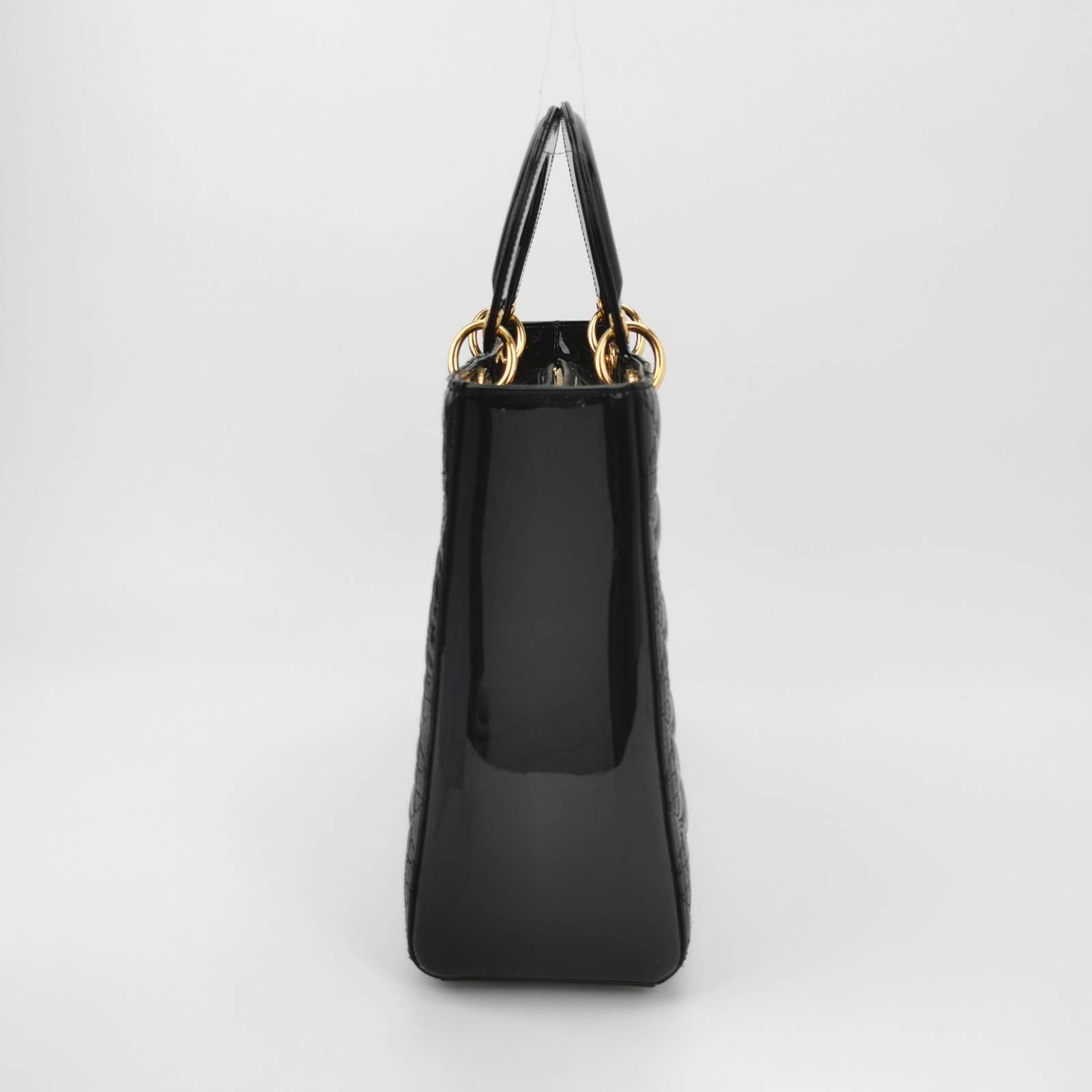 Lady Dior Large Black Patent Leather Handbag with Strap