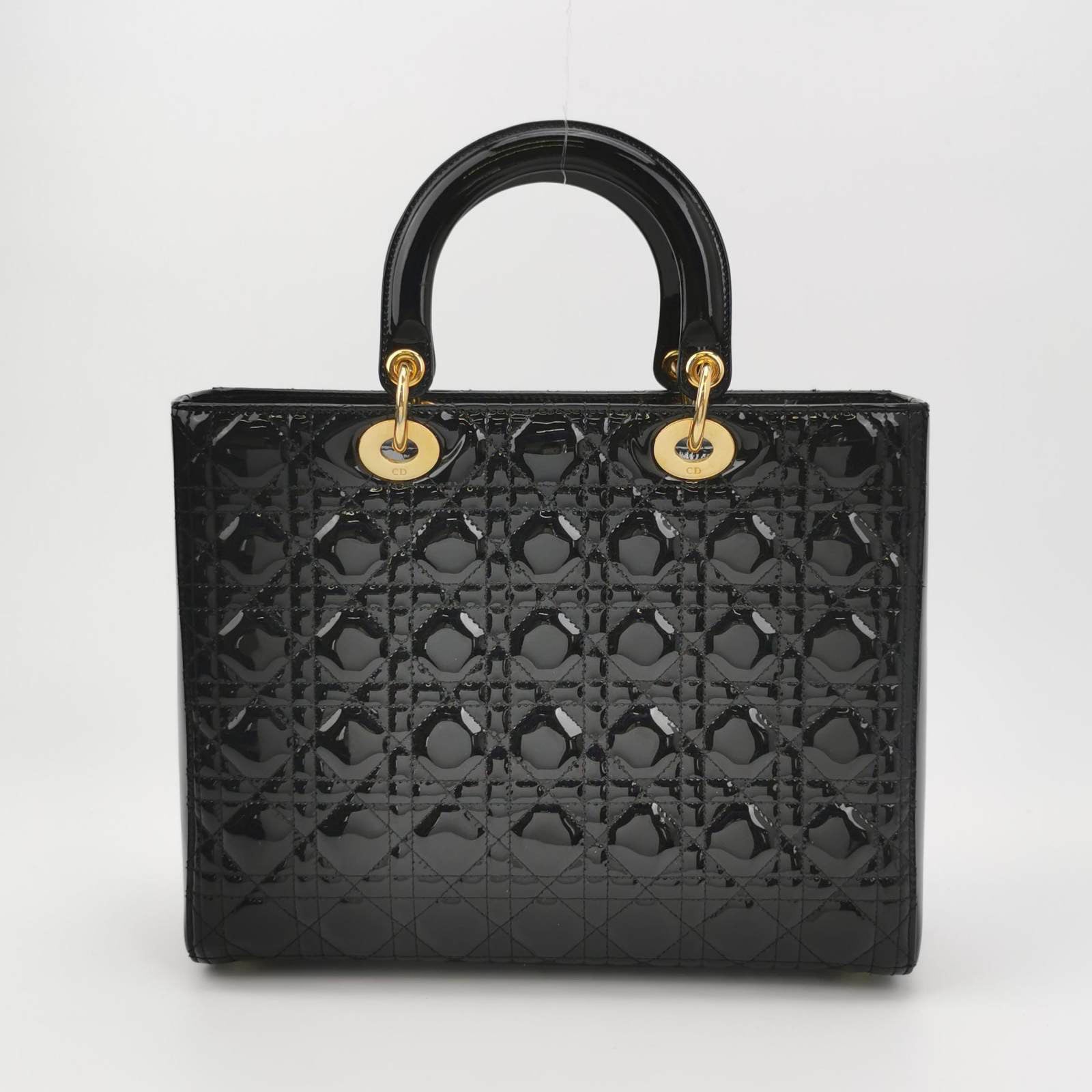 Lady Dior Large Black Patent Leather Handbag with Strap