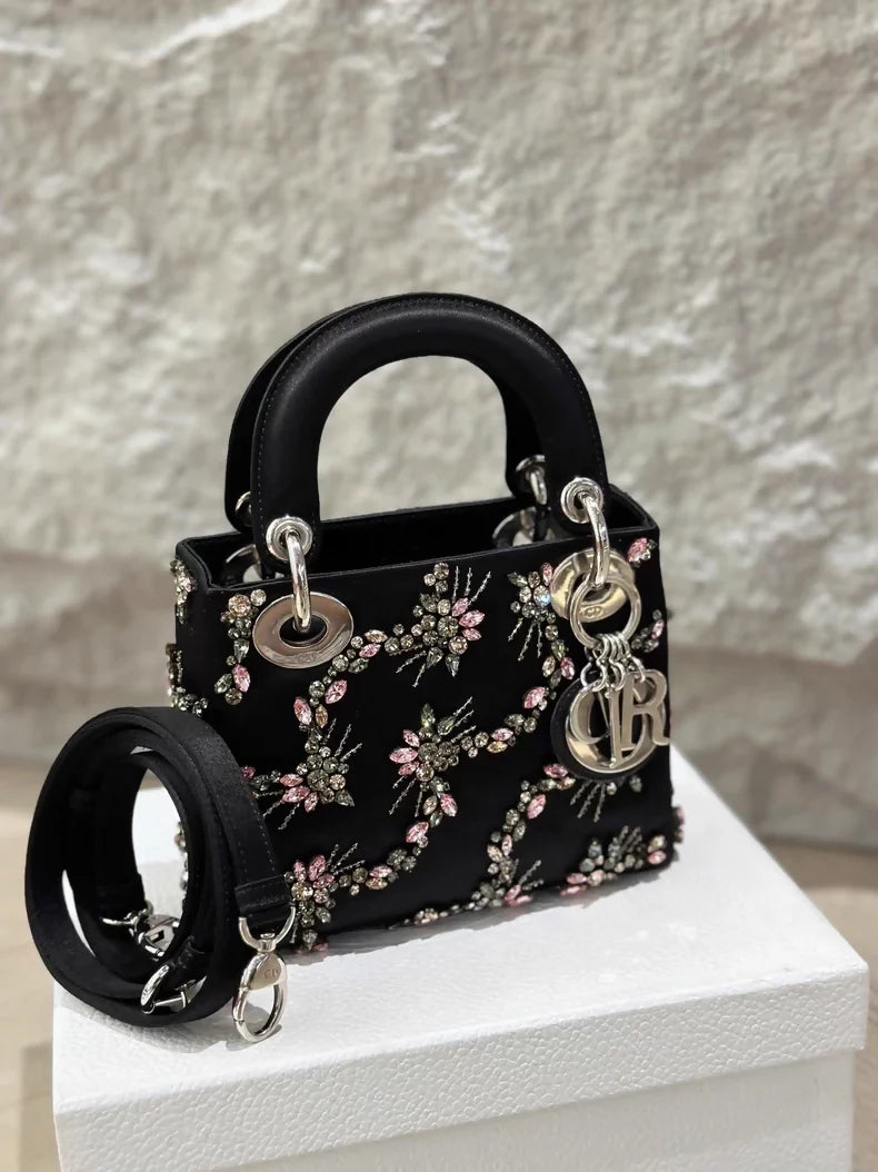 Lady Dior small black silk embroidery bag with silver hardware