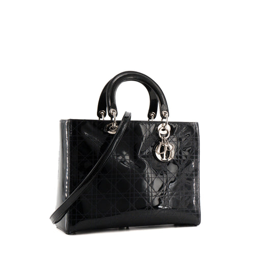 DIOR - Vintage black patent cannage leather Lady Dior Large handbag