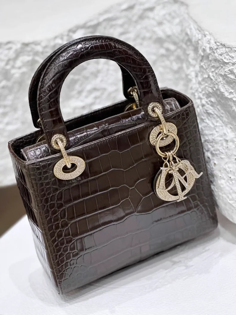 Lady Dior brown shiny alligator leather with diamond hardware
