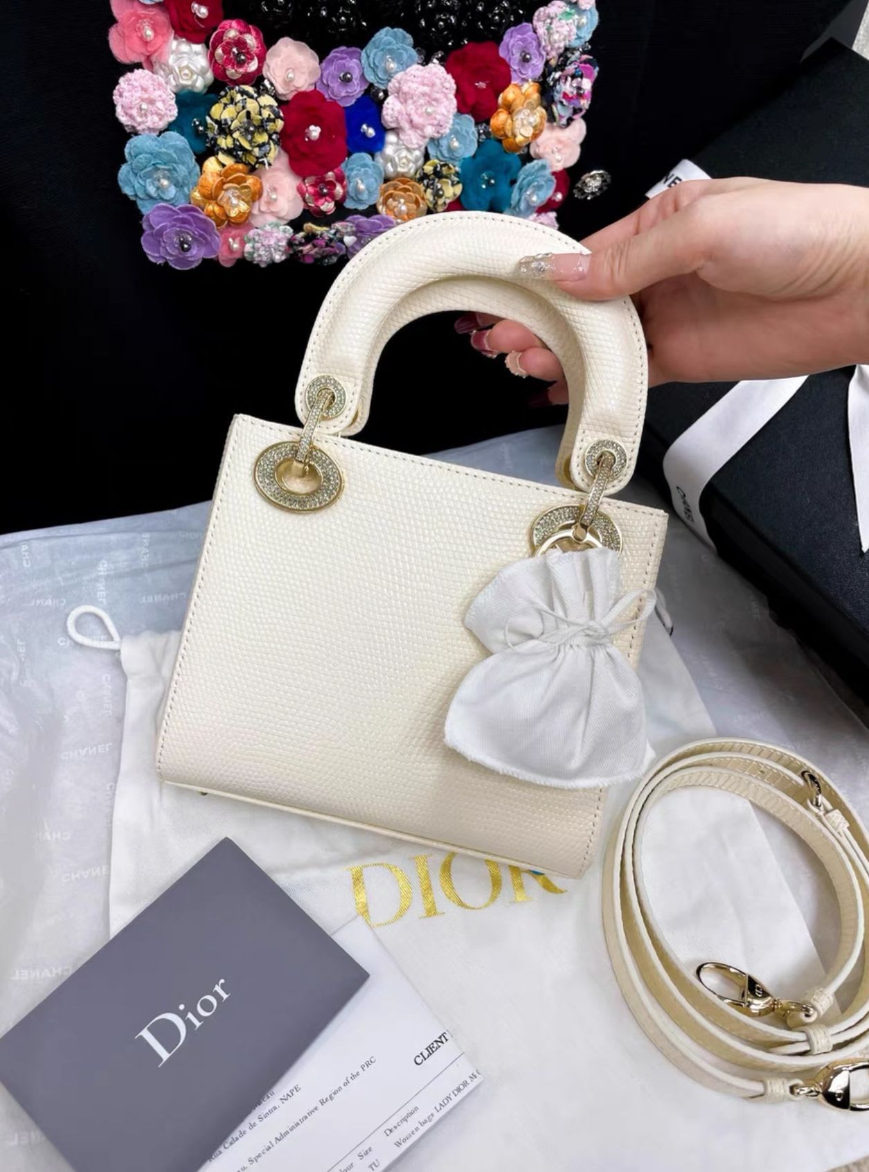 Lady dior off-white rose gold diamond lizard bag