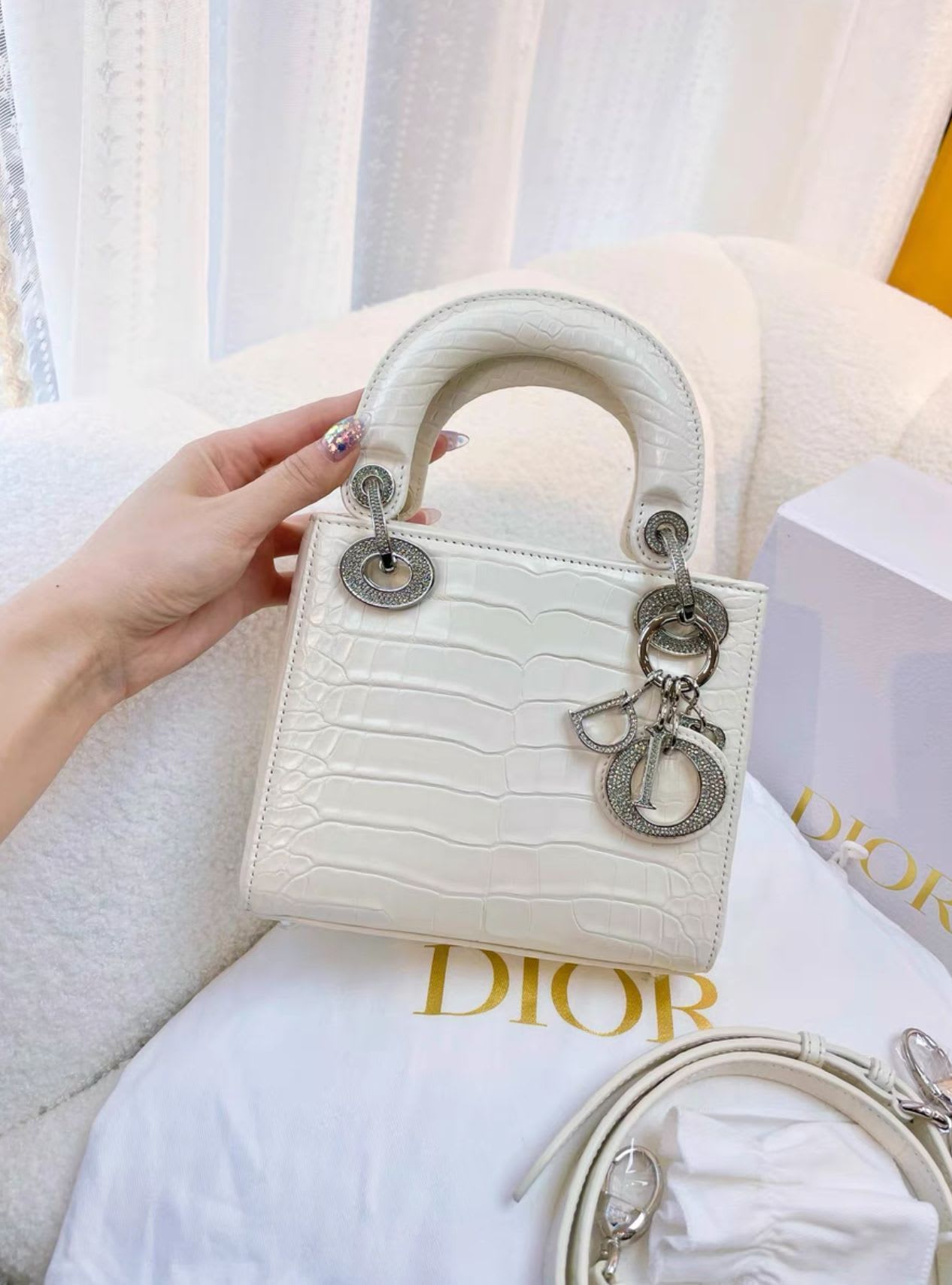 Lady Dior White alligator leather diamond hardware