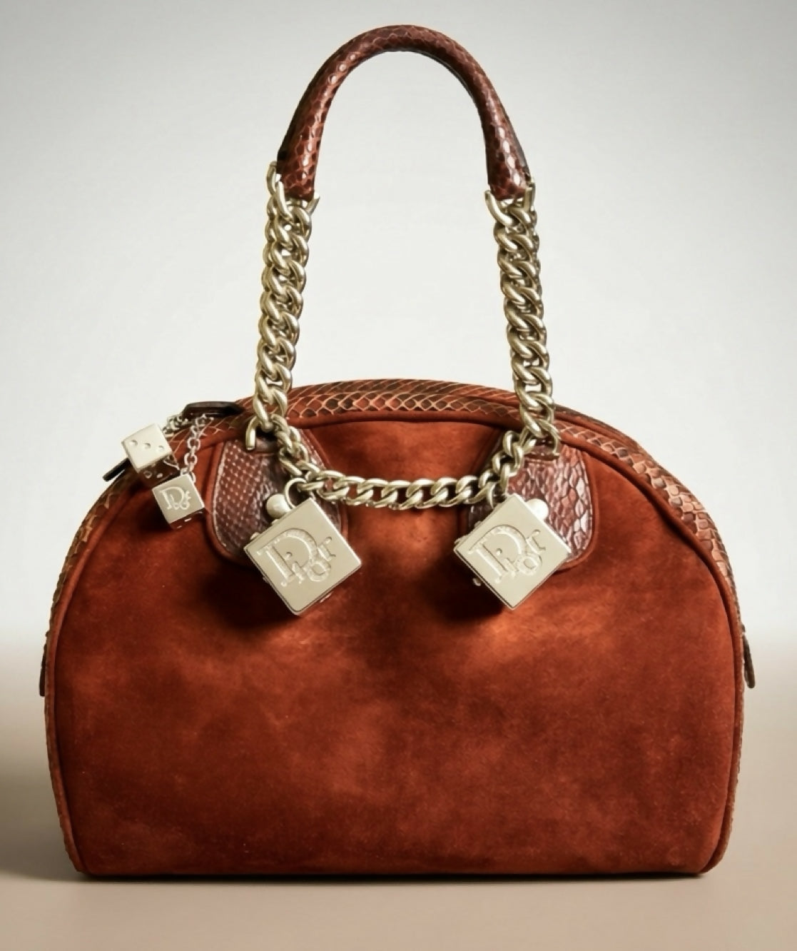 Rare Christian Dior Medium 2004 F/W Burgundy Suede Python Dice Gambler Bowling Bag
