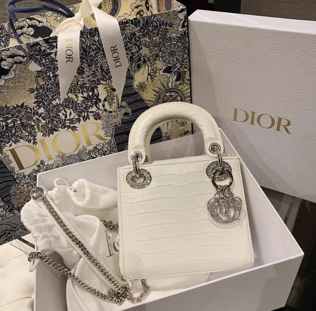 Lady Dior White alligator leather diamond hardware